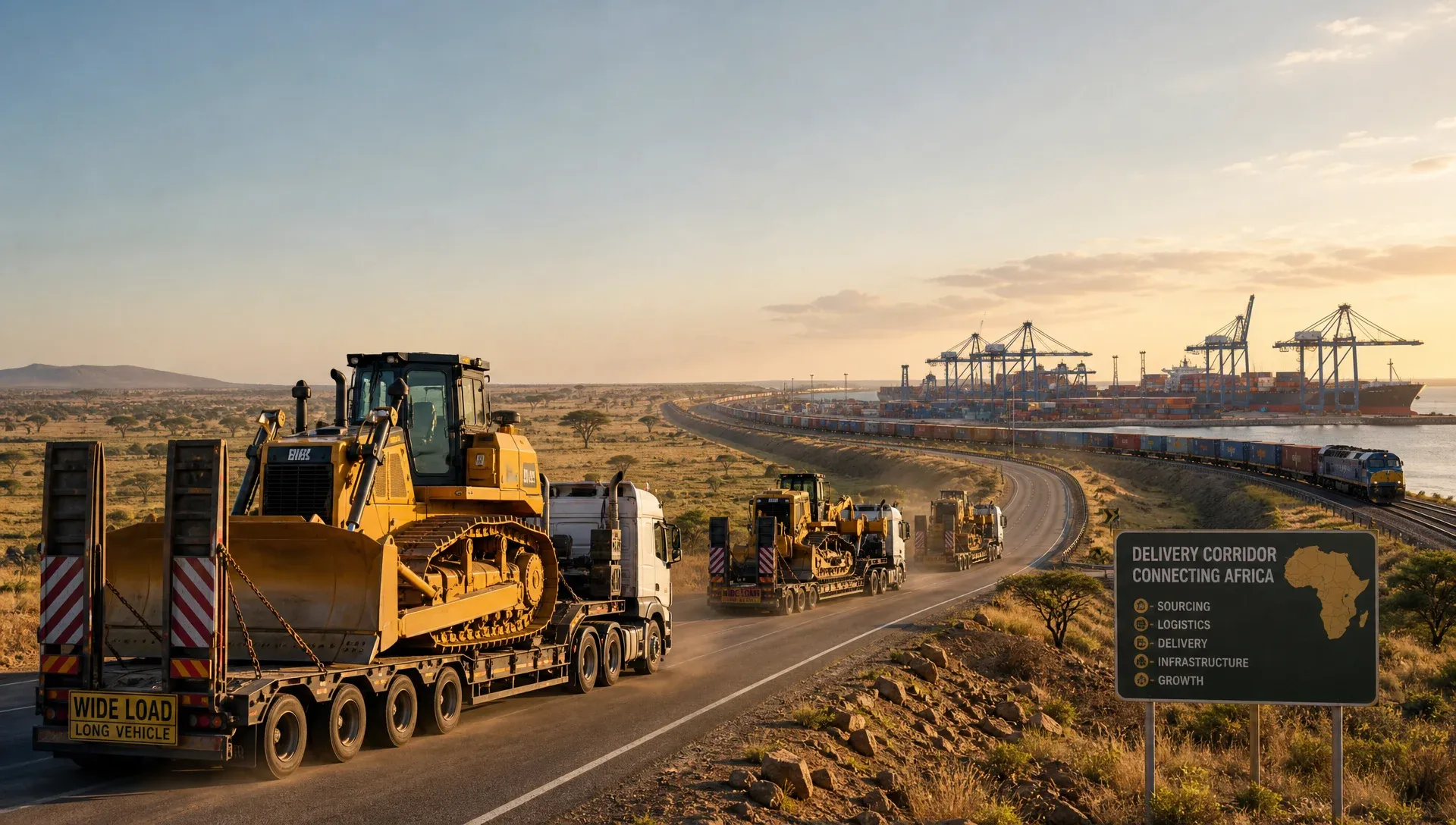 Convoy of earthmoving equipment moving through a major African trade corridor, illustrating disciplined sourcing and delivery control.