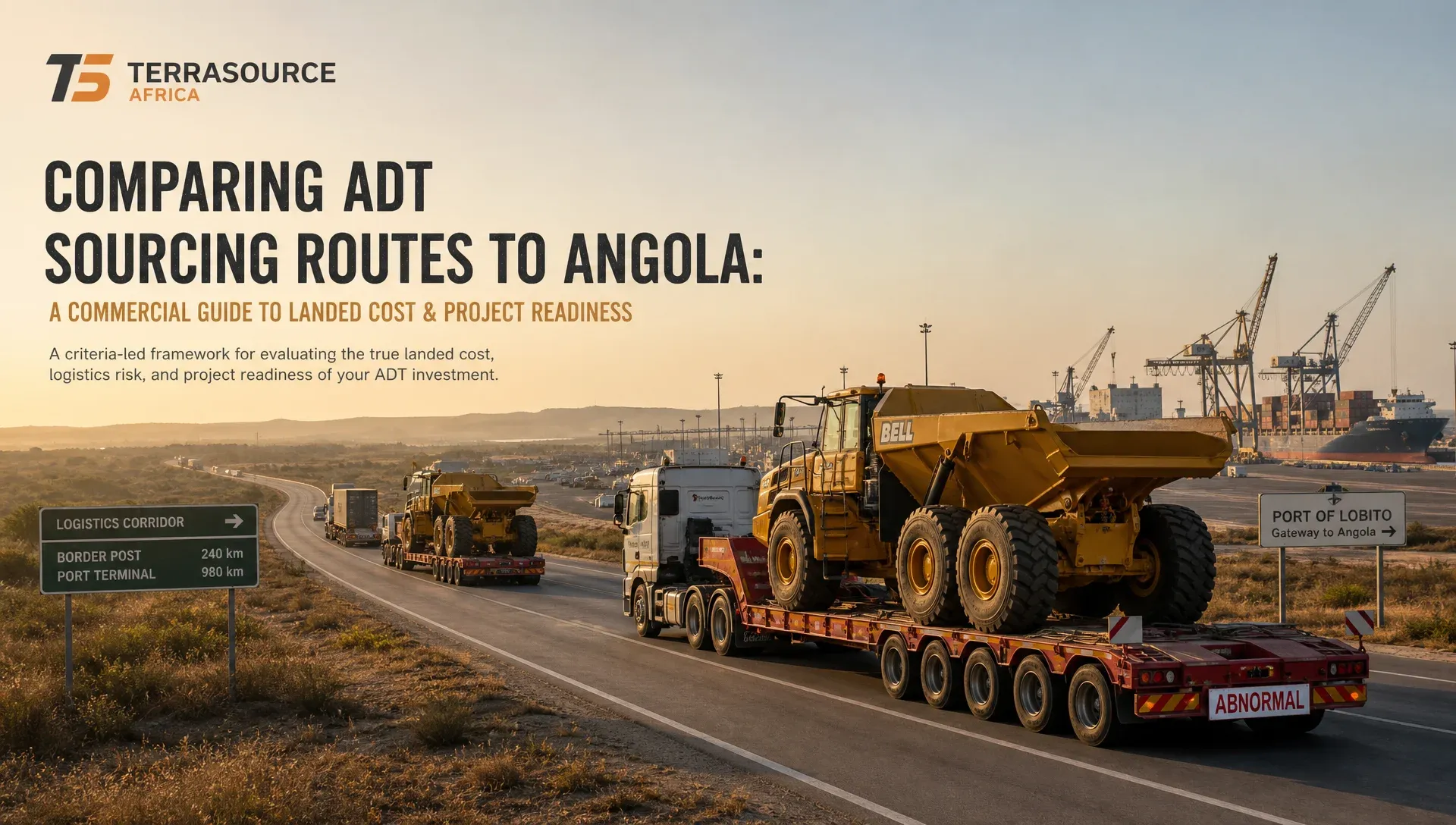 Map illustrating the three procurement routes for landing an articulated dump truck in Angola, comparing OEM, local agent, and integrated partner options.