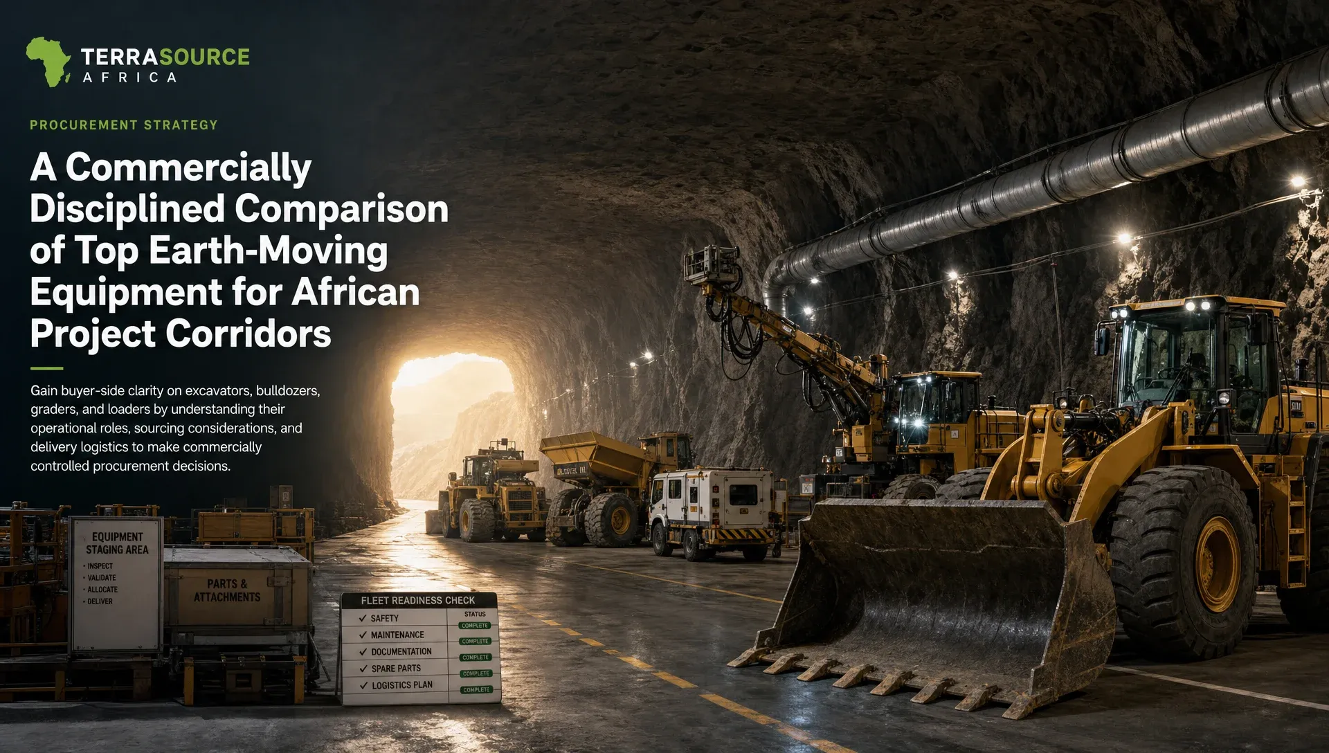 Line-up of excavators, bulldozers, graders, and wheel loaders at a major African infrastructure corridor, ready for deployment