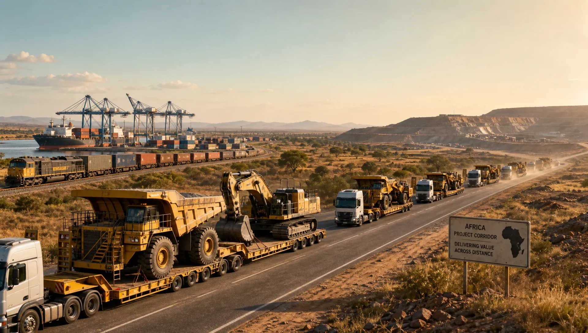 Project-critical mobile mining equipment crossing African borders, with visible underground and open-pit operations.