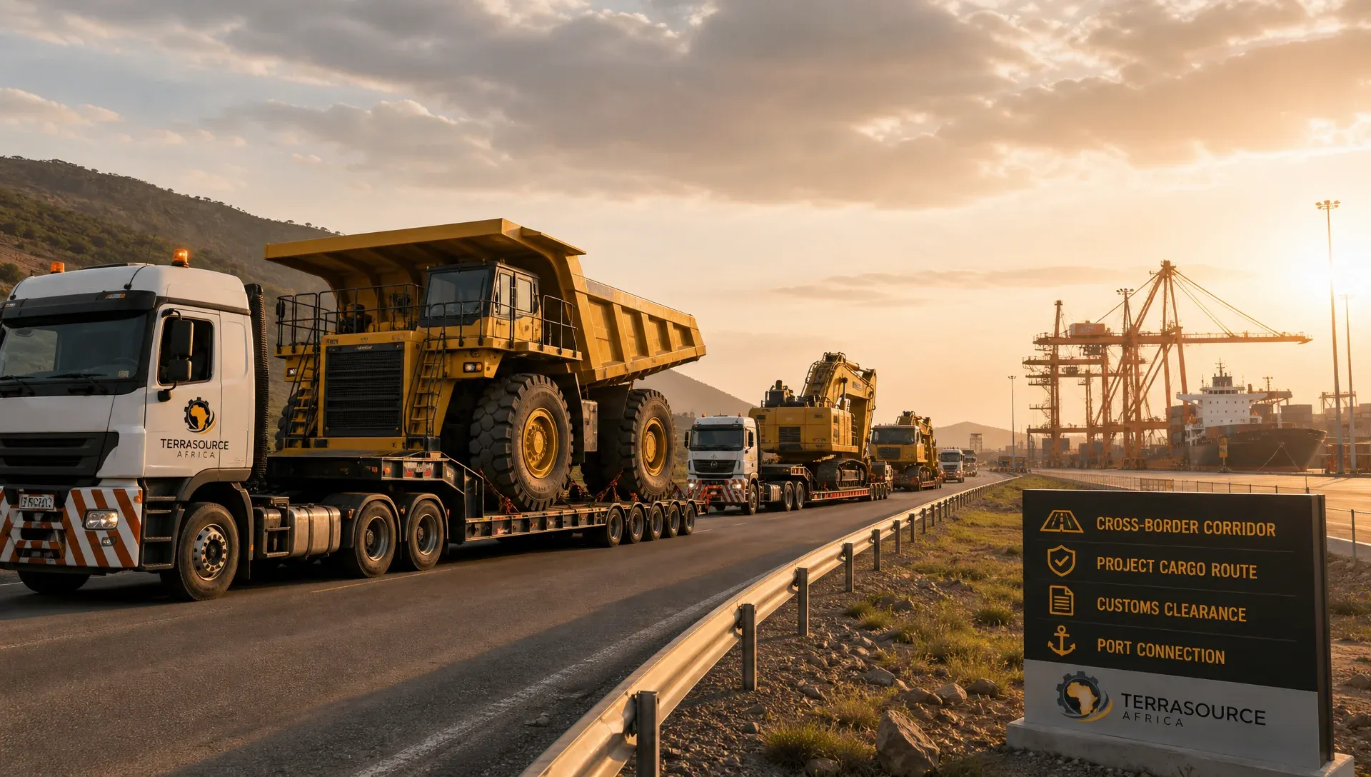 Heavy equipment logistics route showing coordinated sourcing and delivery across Africa