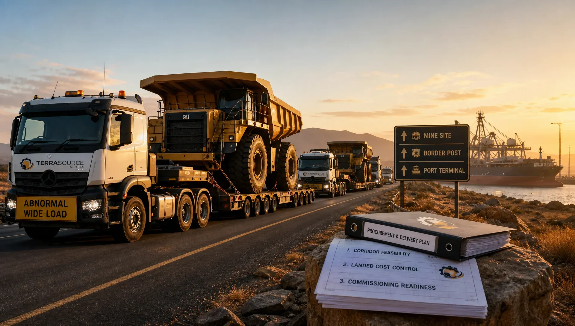 Heavy equipment logistics route showing coordinated sourcing and delivery across Africa