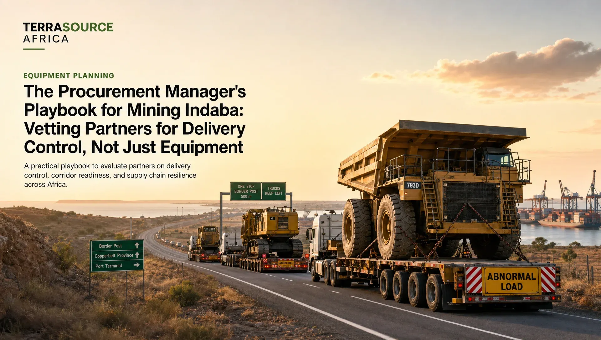 A buyer's playbook checklist for mining equipment procurement in Africa, overlaid on a map showing complex delivery corridors.