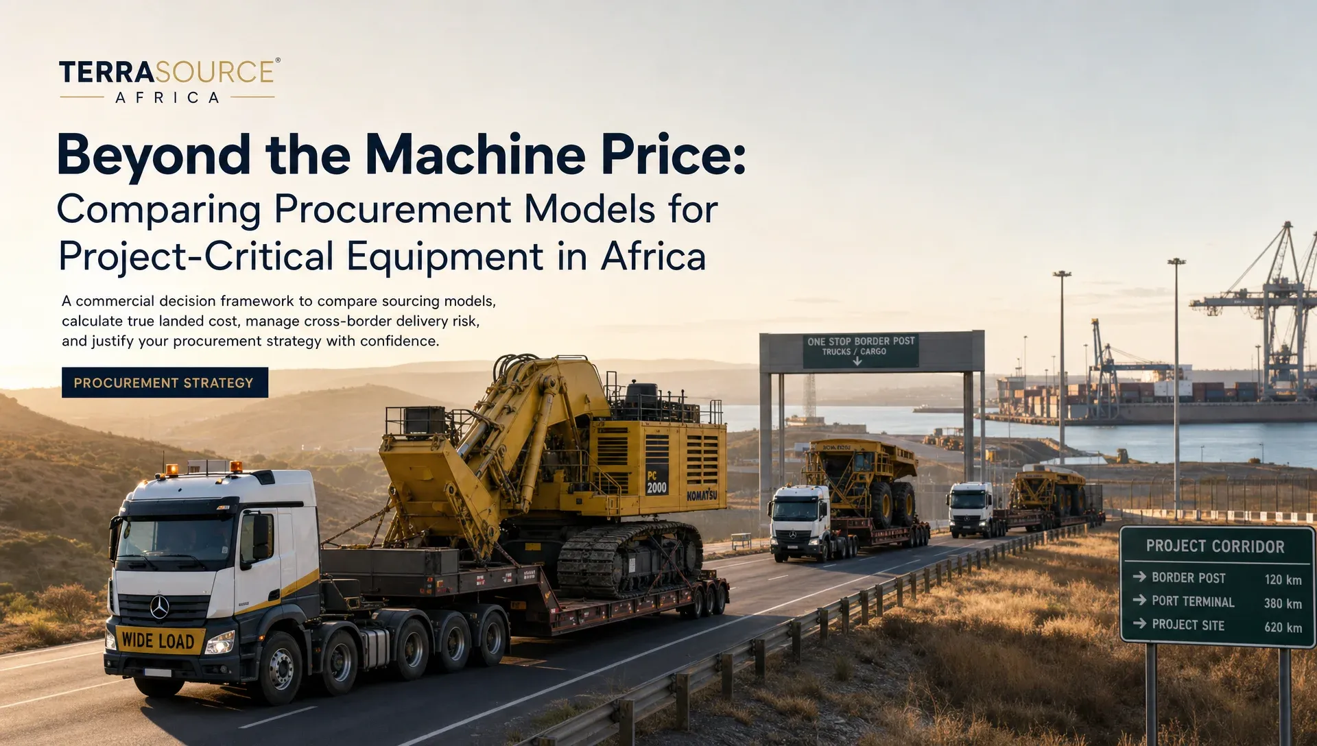 Coordinated logistics route for procuring and delivering mobile mining equipment across Africa, illustrating total landed cost control.