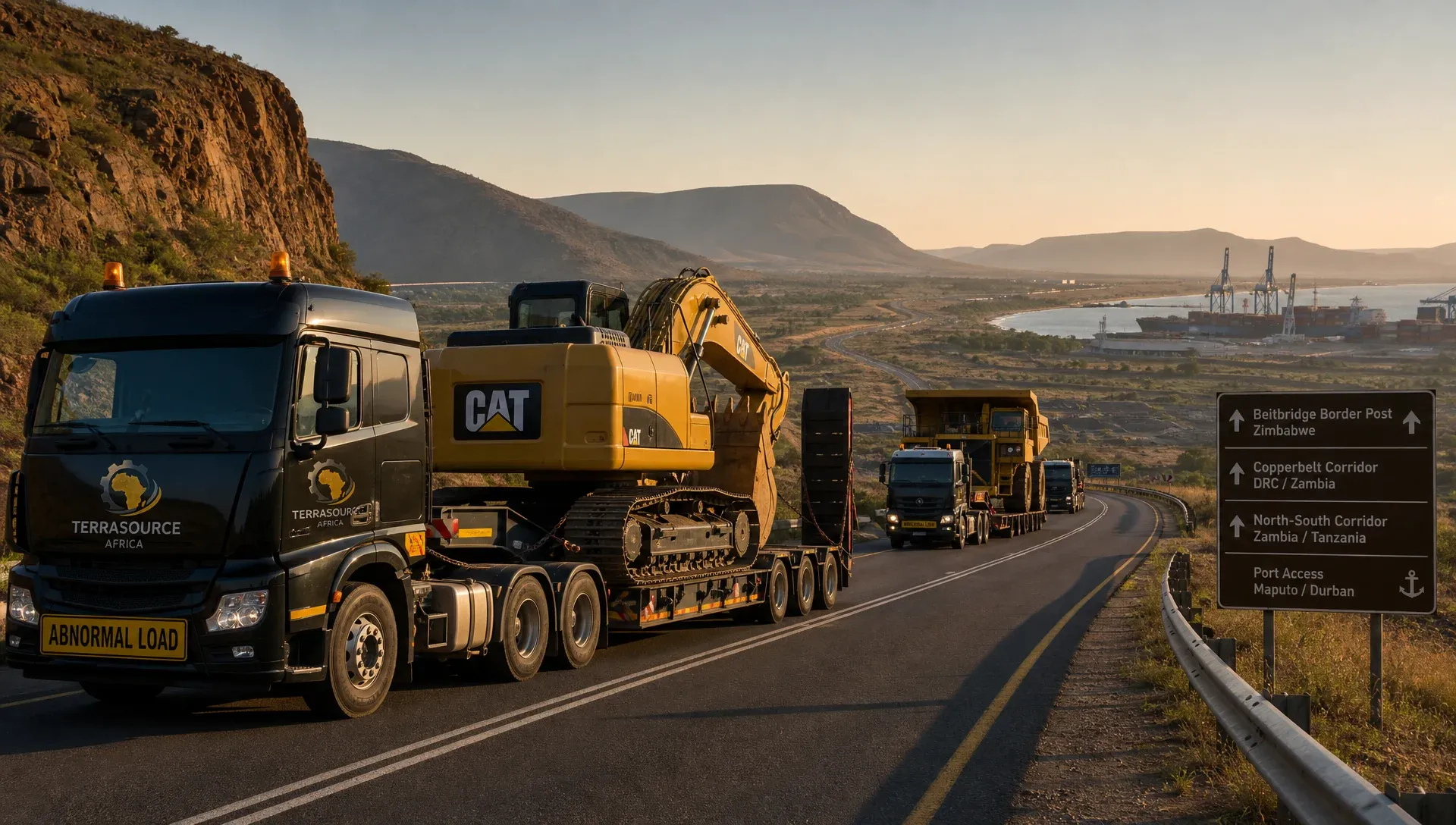 Map illustrating challenging logistics corridors for moving earthmoving equipment across Africa, including Beitbridge and Kasumbalesa.
