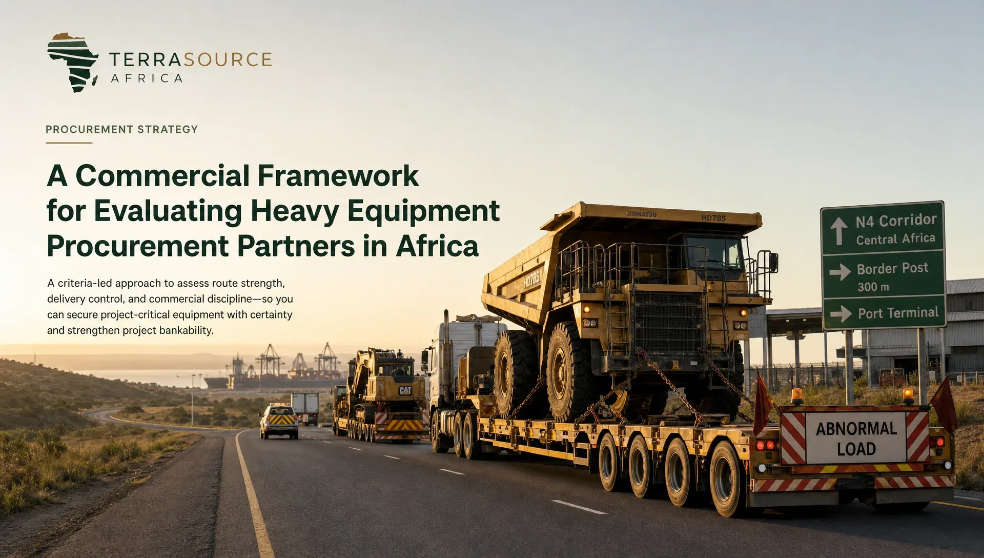 Map illustrating a heavy equipment procurement logistics route in Africa, highlighting the importance of delivery control for project success.