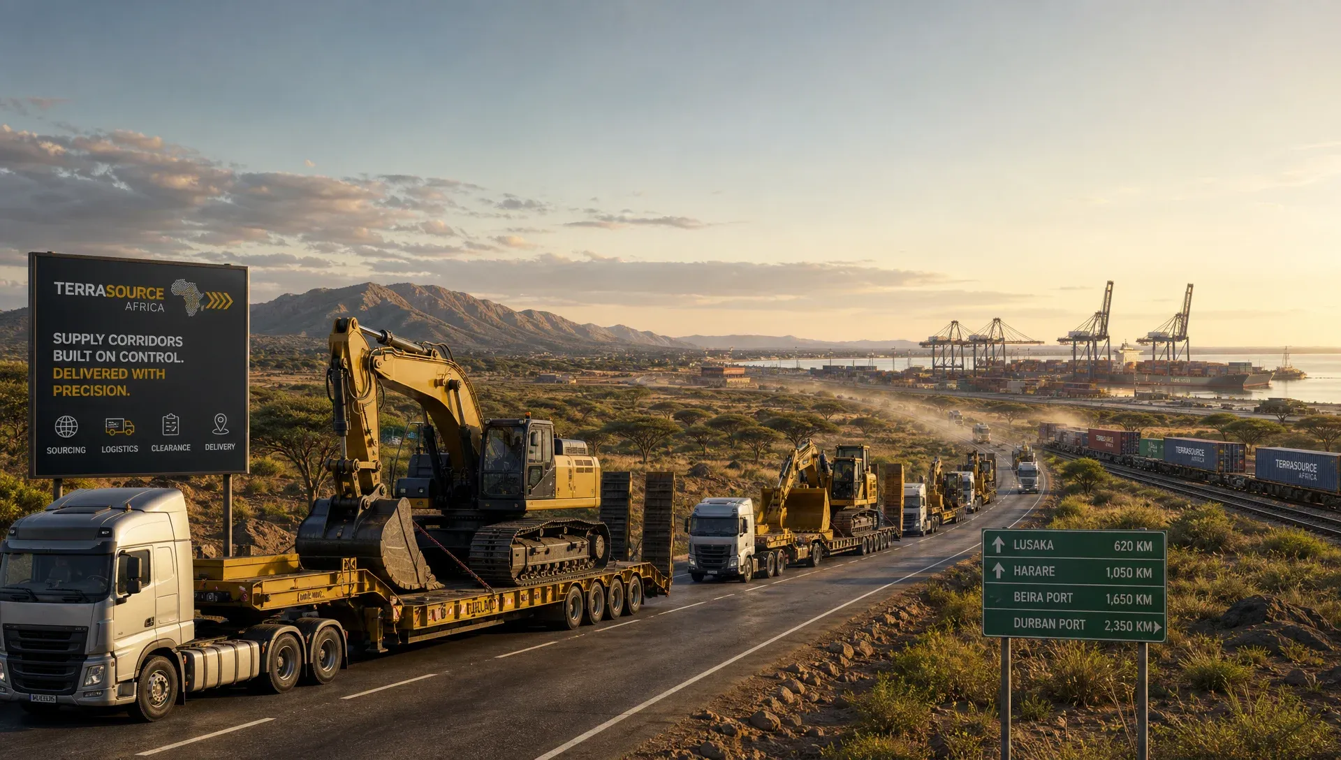 Heavy equipment logistics route showing coordinated sourcing and delivery across Africa