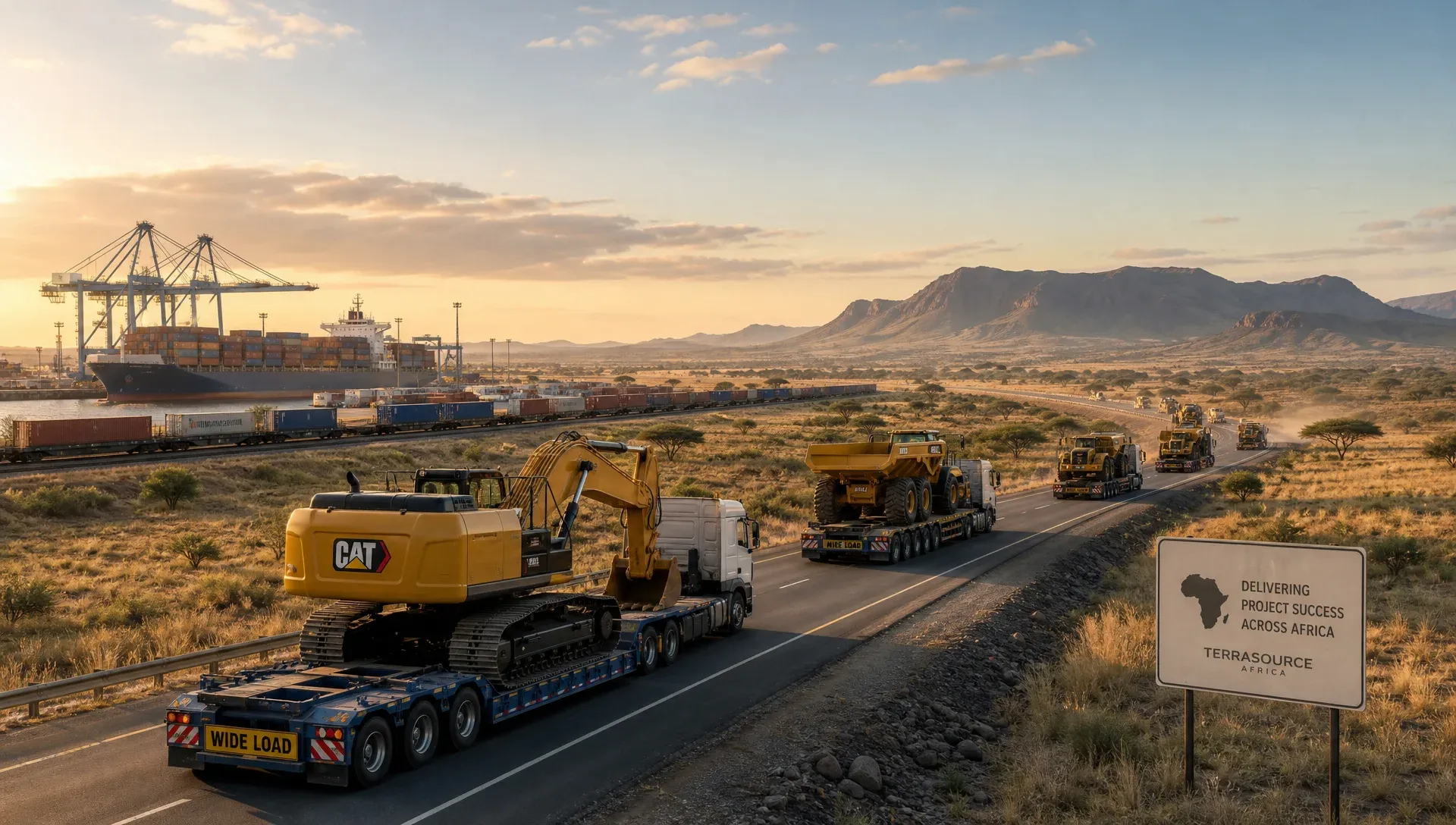 Disciplined convoy of earthmoving equipment navigating an African border checkpoint, representing controlled supply corridor operations.