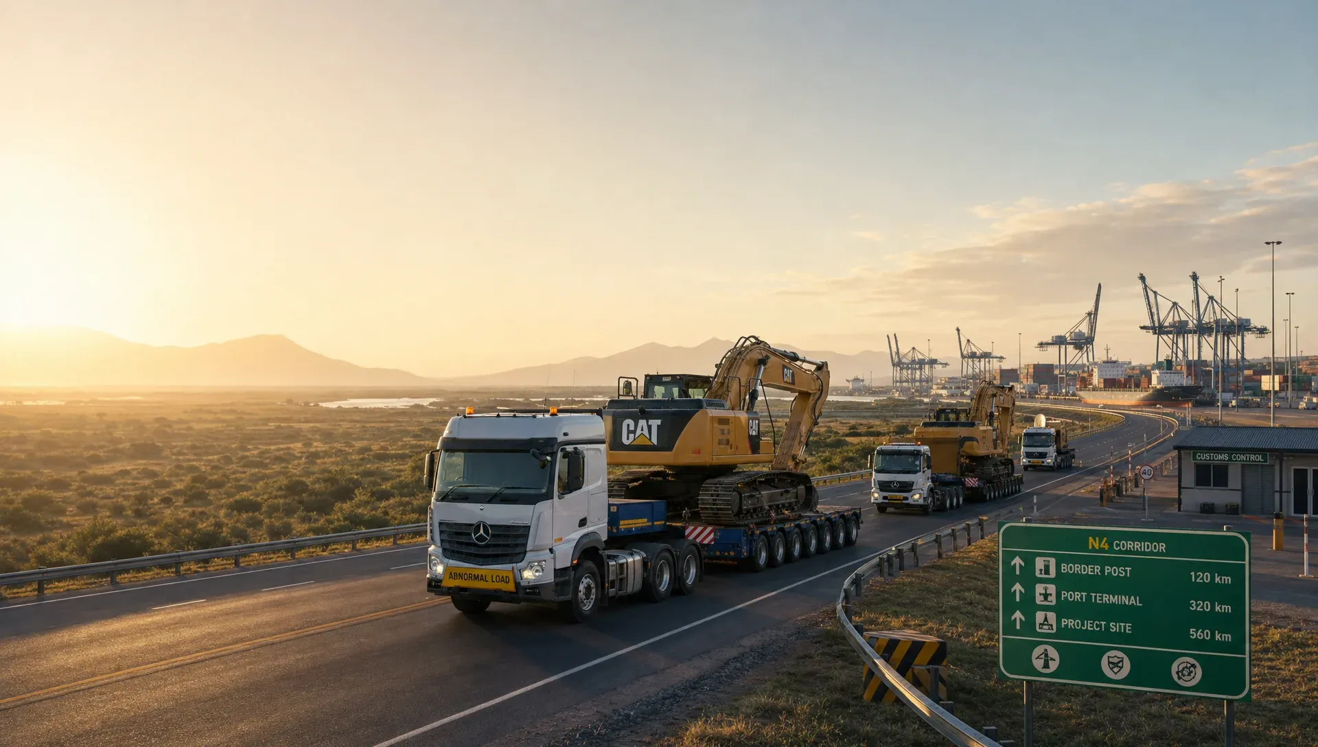 Illustration of a heavy equipment logistics route across Africa, demonstrating the process of qualifying procurement companies for delivery control.